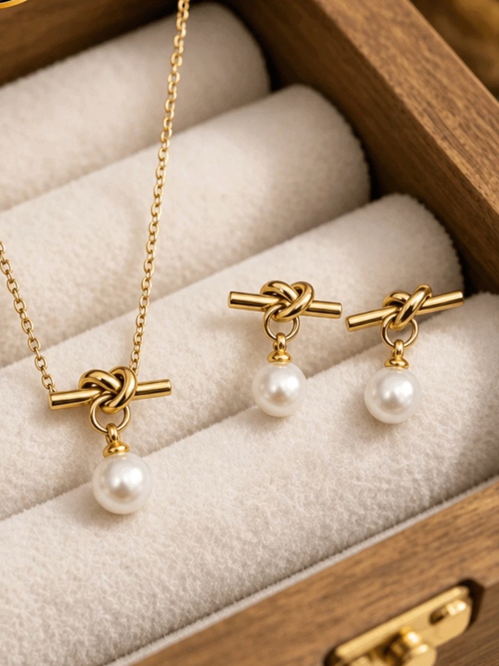 Gold Toned Pearl Knot Necklace and Earring Set